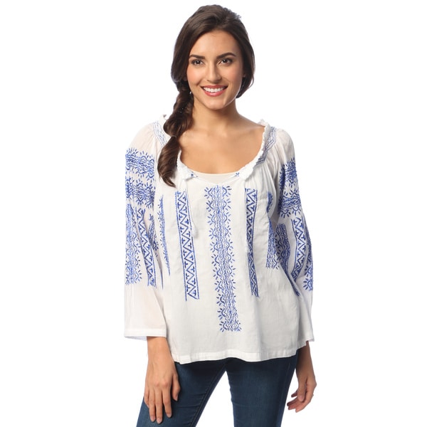 La Cera Women's White/ Blue Hand-embroidered Peasant Top - Free ...