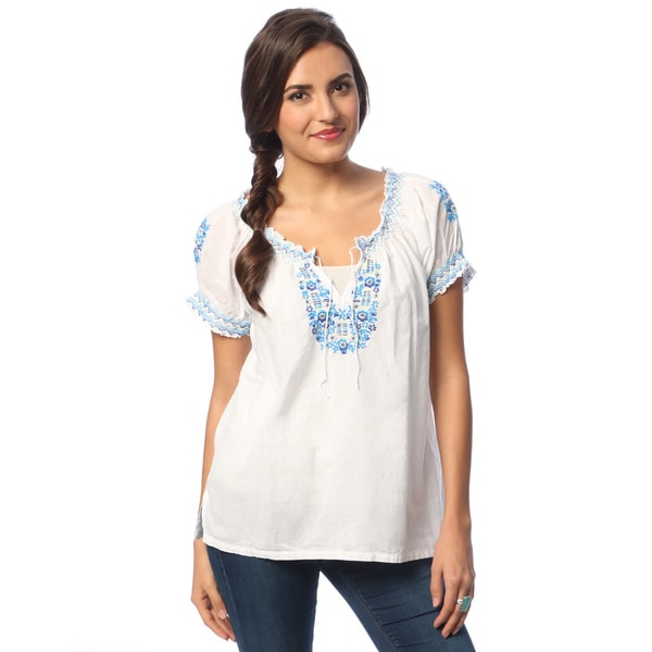 Shop La Cera Women's White Hand-embroidered Peasant Top - Free Shipping ...