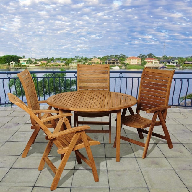 Linda 5 piece Teak Outdoor Dining Set (Light brownMaterials 100 percent solid teakFinish TeakCushions included NoWeather resistant YesUV protection YesWeight 240 poundsTable dimensions 29 inches high x 48 inches wide x 48 inches longPosition chair 
