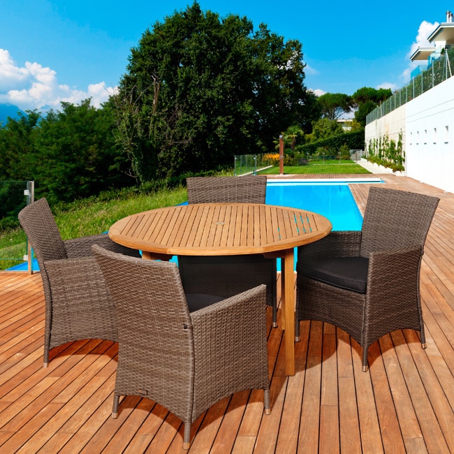 Margaret 5 piece Teak/ Wicker Outdoor Dining Set (Light brown/ greyMaterials 100 percent solid teak and synthetic wickerFinish TeakCushions included YesWeather resistant YesUV protection YesTable dimensions 29 inches high x 48 inches wide x 48 inche