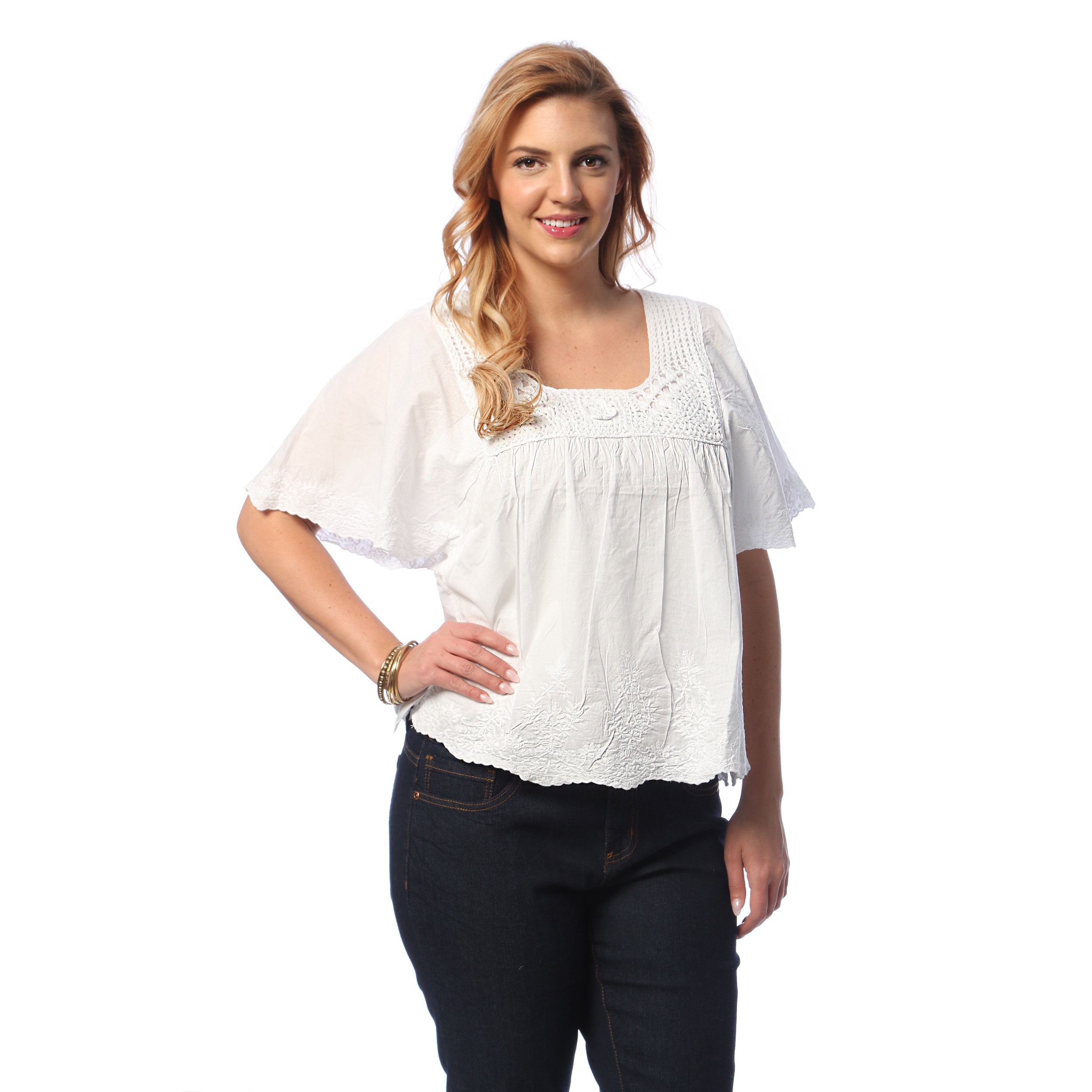 La Cera Women's Plus Size White Cotton Top with Hand-crocheted Neckline ...