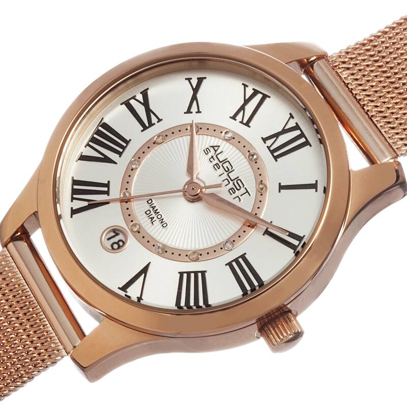 August Steiner Women's Quartz Diamond Stainless Steel Mesh Rose-Tone Bracelet Watch