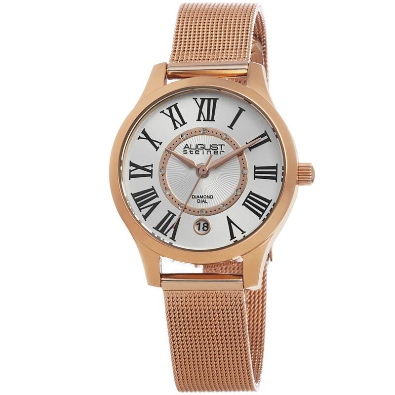 August Steiner Women's Quartz Diamond Stainless Steel Mesh Rose-Tone Bracelet Watch