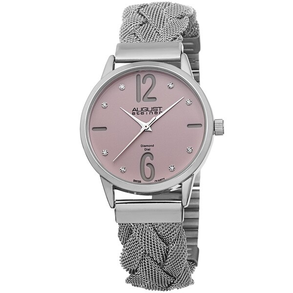 August Steiner Women's Swiss Quartz Diamond Woven Mesh Pink Bracelet Watch