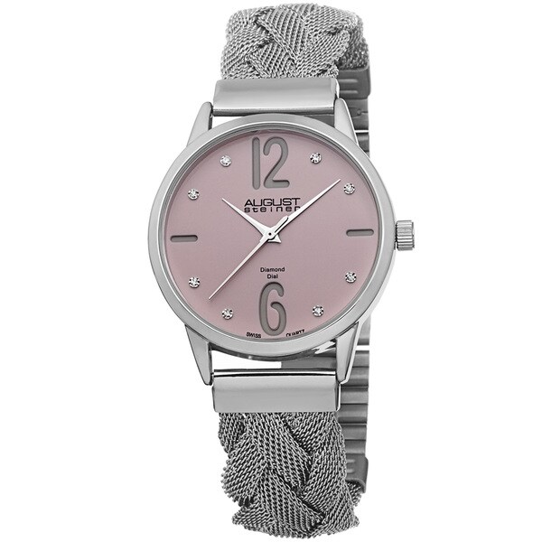 August Steiner Women's Swiss Quartz Diamond Woven Mesh Pink Bracelet Watch with FREE Bangle