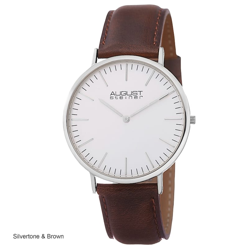 August Steiner Men's Austin Ultra-Slim Quartz Leather Rose-Tone Strap Watch - silvertone & brown