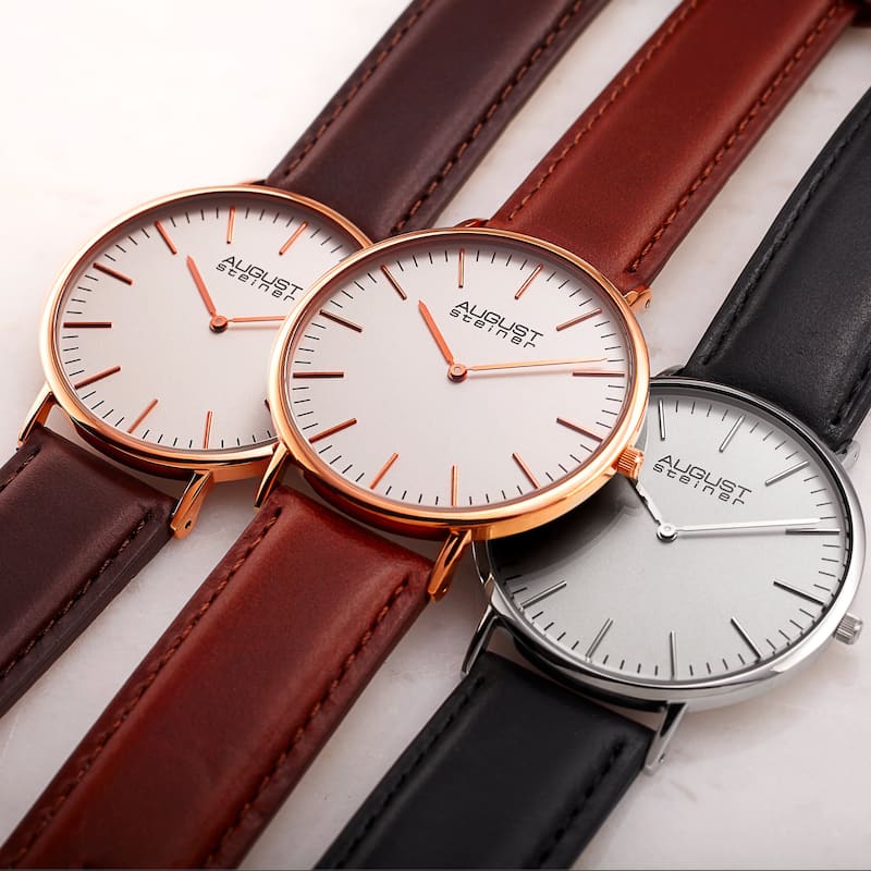 August Steiner Men's Austin Ultra-Slim Quartz Leather Rose-Tone Strap Watch