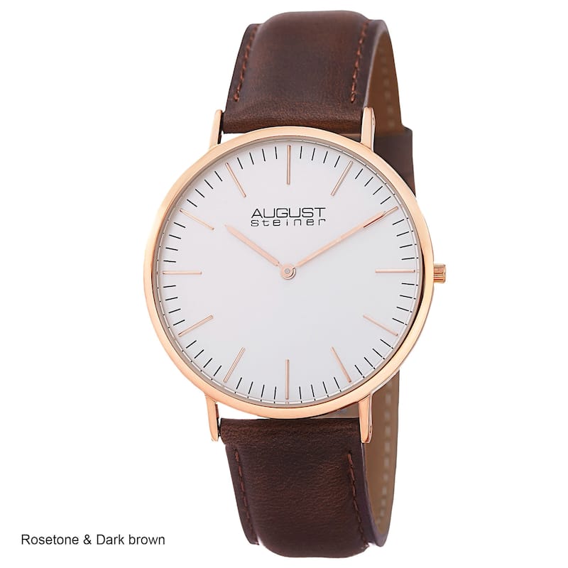 August Steiner Men's Austin Ultra-Slim Quartz Leather Rose-Tone Strap Watch - rosetone & dark brown