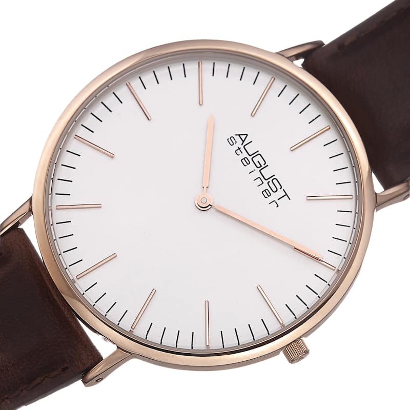 August Steiner Men's Austin Ultra-Slim Quartz Leather Rose-Tone Strap Watch
