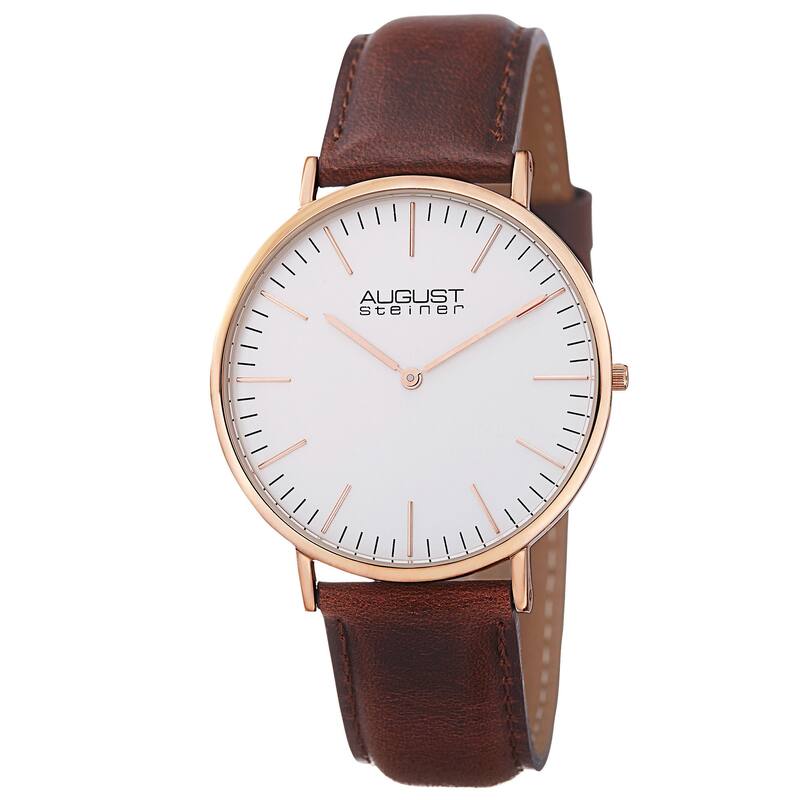 August Steiner Men's Austin Ultra-Slim Quartz Leather Rose-Tone Strap Watch