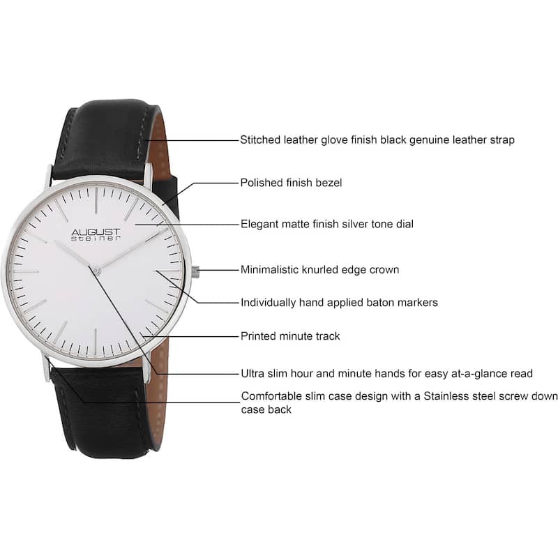 August Steiner Men's Frankford Ultra-Slim Quartz Leather Black Strap Watch