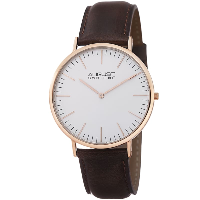 August Steiner Men's Preston Ultra-Slim Quartz Leather Rose-Tone Strap Watch