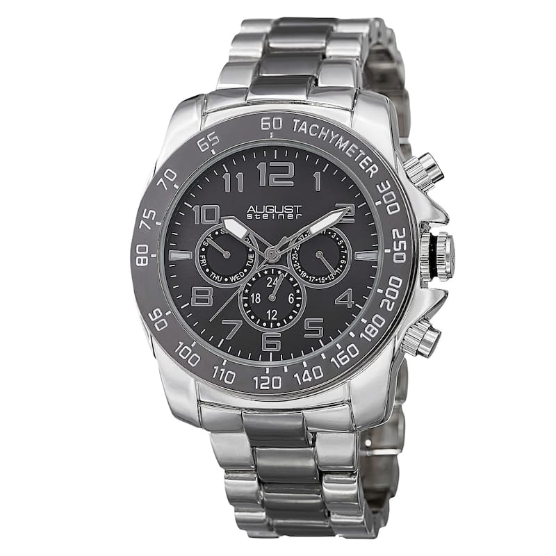 August Steiner Men's Swiss Quartz Multifunction Tachymeter Bracelet Watch - N/A - Gunmetal Dial/Silver and Gunmetal Bracelet