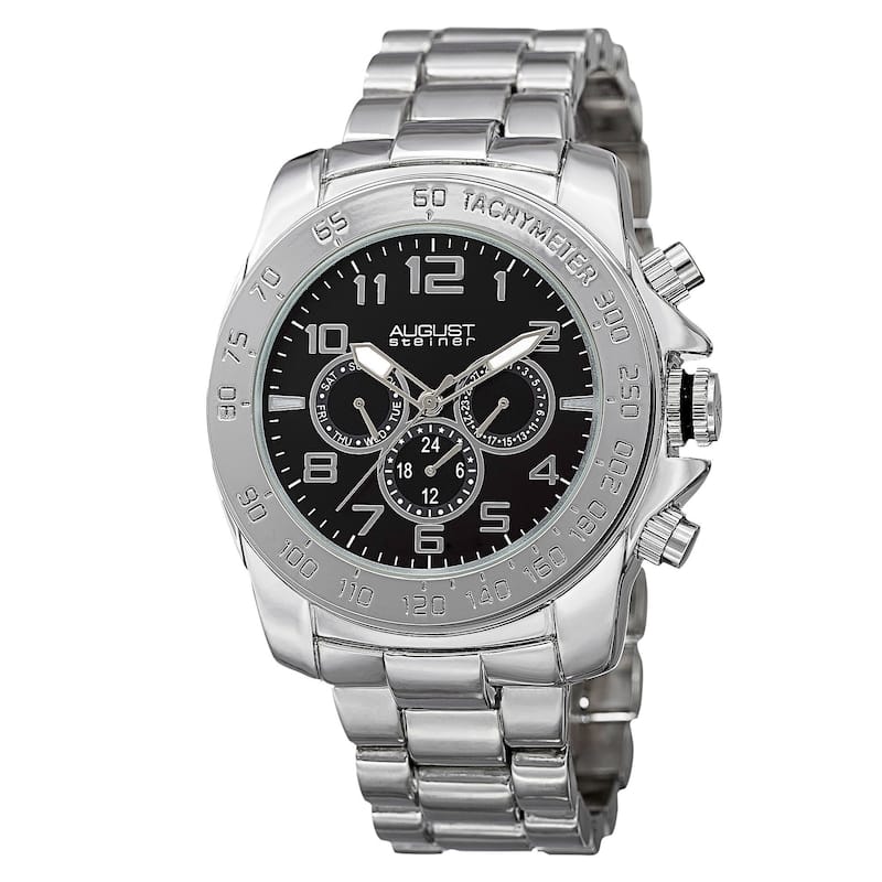 August Steiner Men's Swiss Quartz Multifunction Tachymeter Bracelet Watch - Silver-Tone - Black Dial/ Silver Bracelet