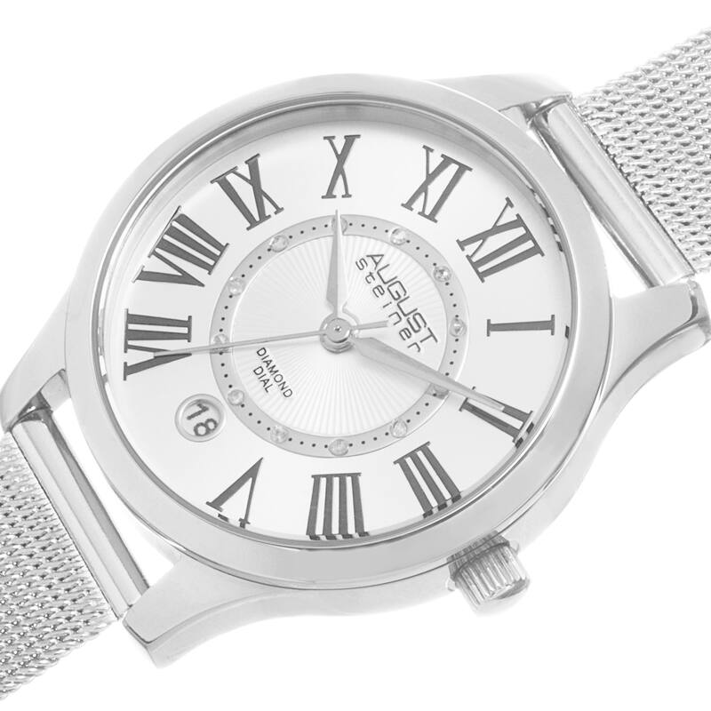 August Steiner Women's Quartz Diamond Stainless Steel Mesh Silver-Tone Bracelet Watch