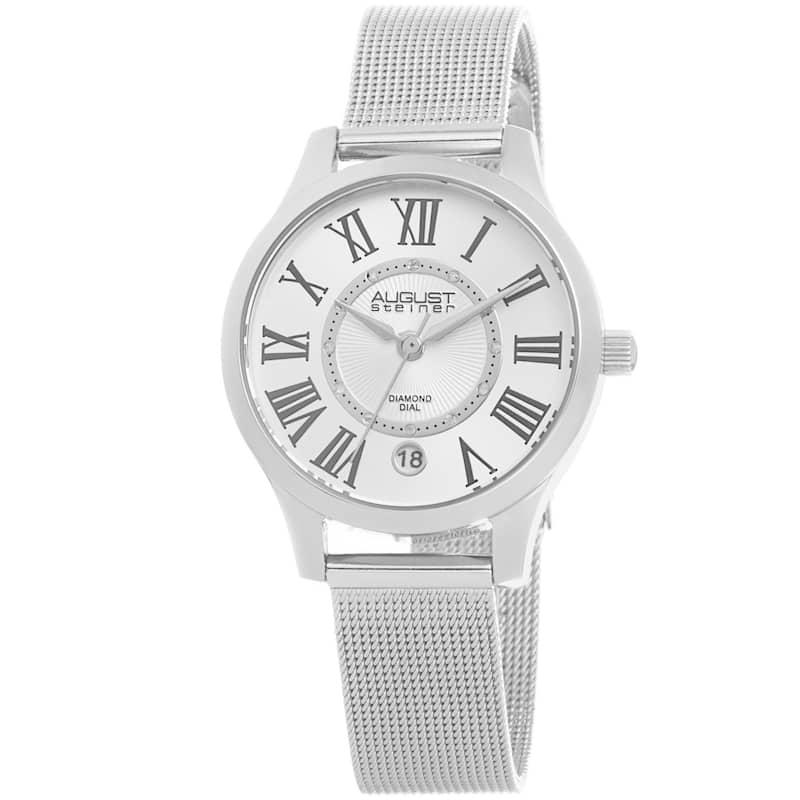 August Steiner Women's Quartz Diamond Stainless Steel Mesh Silver-Tone Bracelet Watch