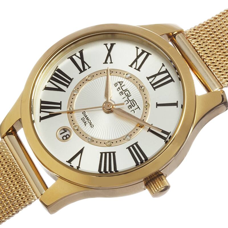 August Steiner Women's Quartz Diamond Stainless Steel Mesh Gold-Tone Bracelet Watch