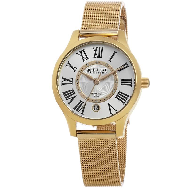 August Steiner Women's Quartz Diamond Stainless Steel Mesh Gold-Tone Bracelet Watch