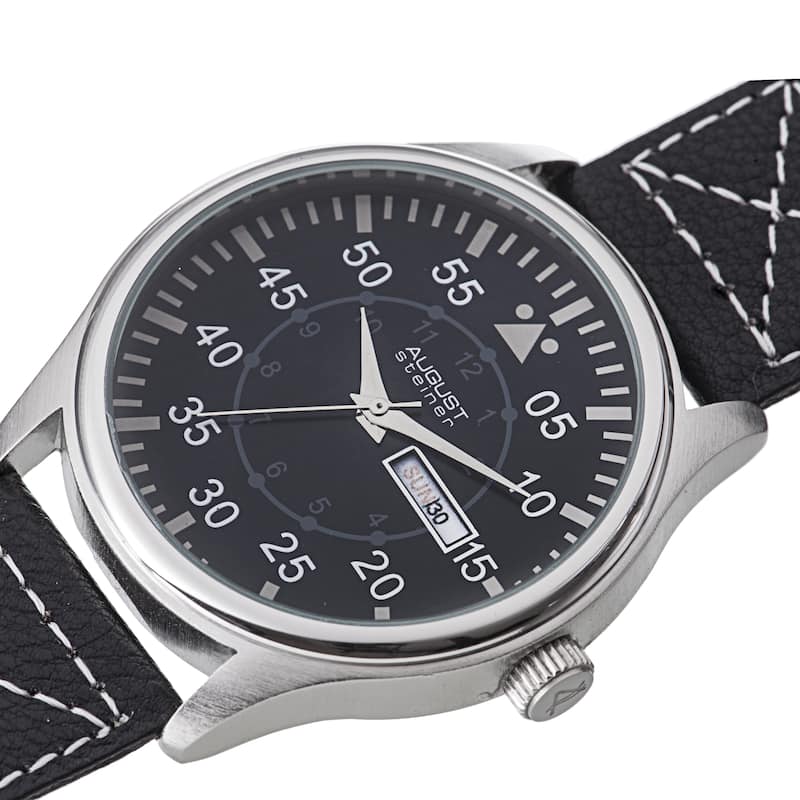 August Steiner Men's Quartz Day/Date Leather Silver-Tone Strap Watch
