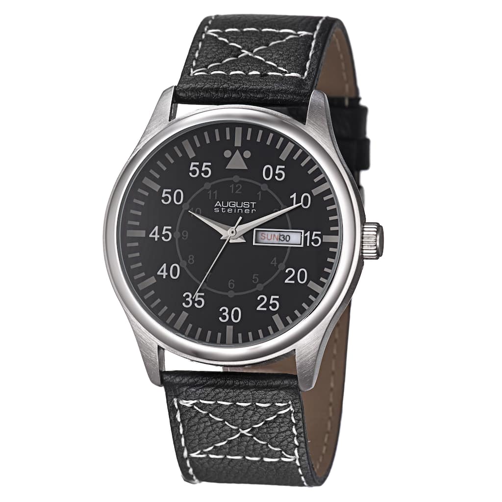 August Steiner Men's Quartz Day/Date Leather Silver-Tone Strap Watch