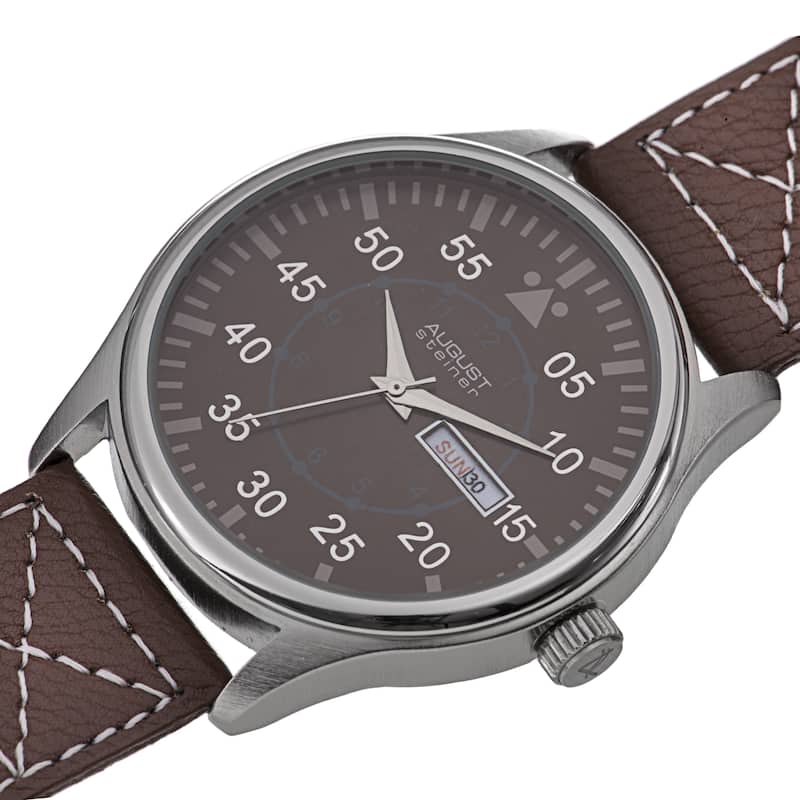 August Steiner Men's Quartz Day/Date Leather Brown Strap Watch