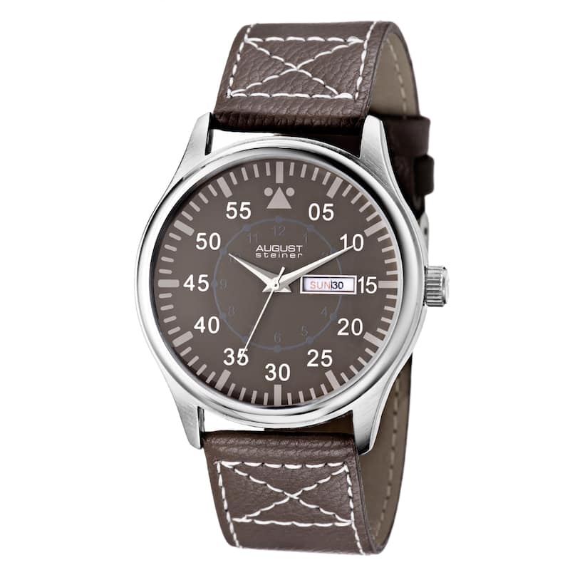 August Steiner Men's Quartz Day/Date Leather Brown Strap Watch