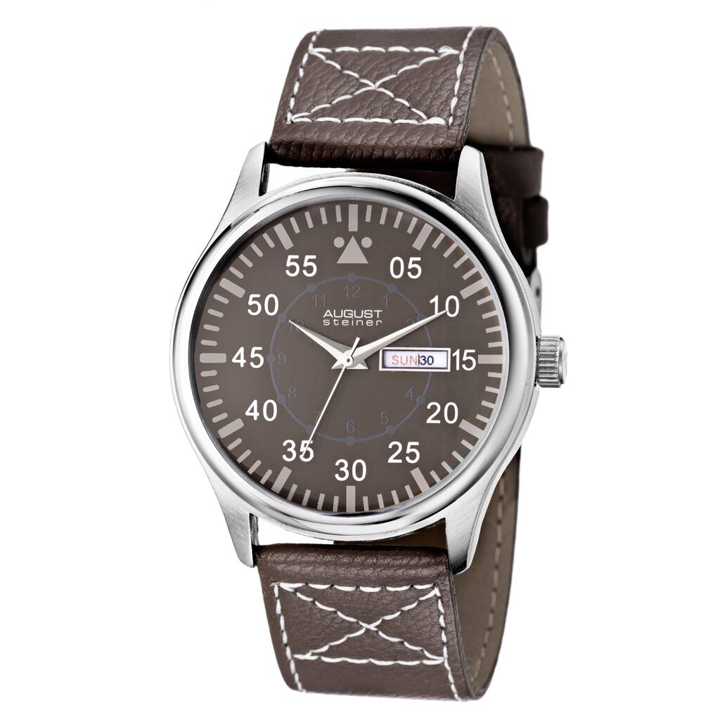 August Steiner Men's Quartz Day/Date Leather Brown Strap Watch