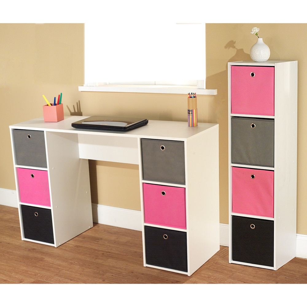 Kids Desk Bookcase Bins Set White Pink Girl Teen Furniture Room