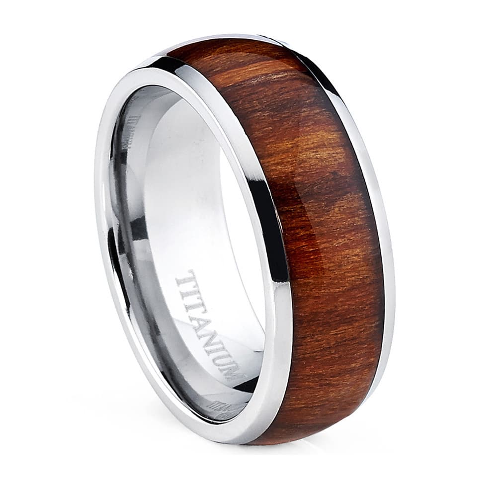 Mens Dome Titanium Ring Santos Rosewood Inlay Comfort Fit Ring