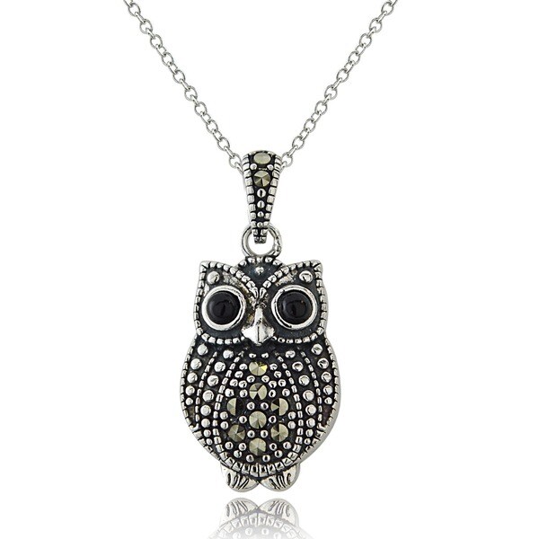 Shop Glitzy Rocks Sterling Silver Marcasite and Onyx Owl Necklace ...