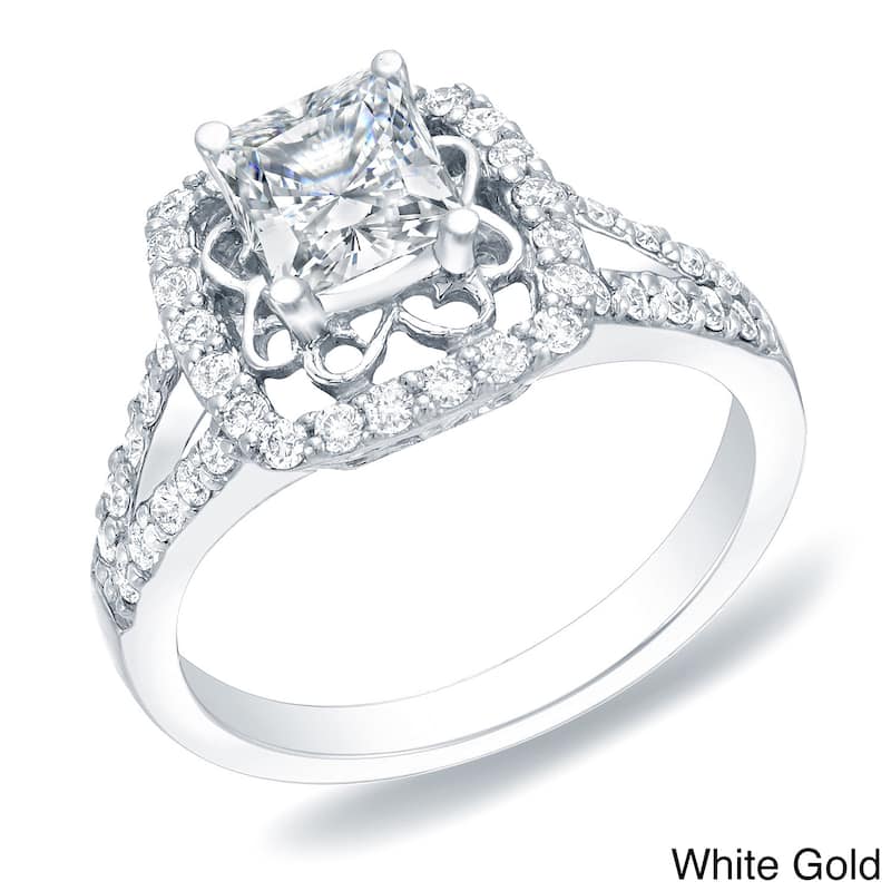 Auriya 14k Gold 1 carat TW Princess-Cut Halo Diamond Engagement Ring - White - 5.5
