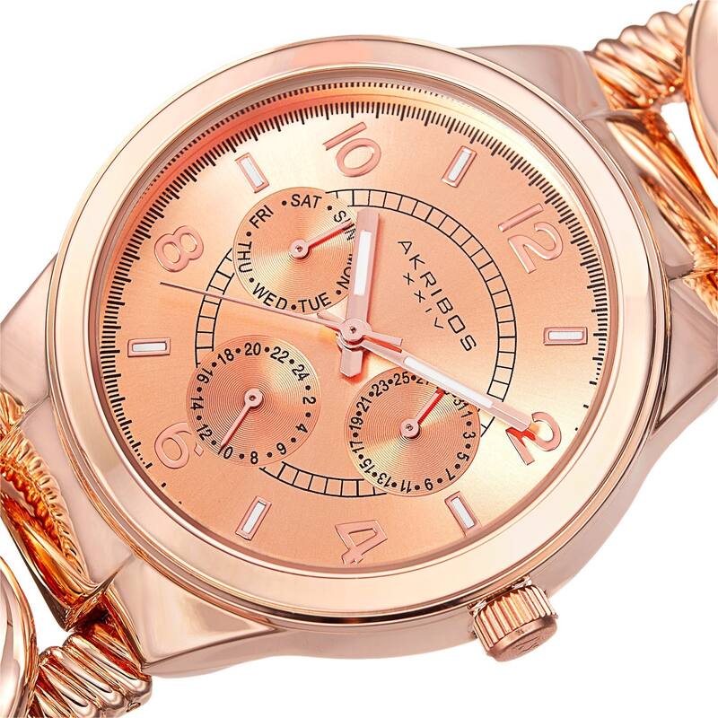 Akribos XXIV Women's Multifunction Design Twist Chain Link Rose-Tone Watch