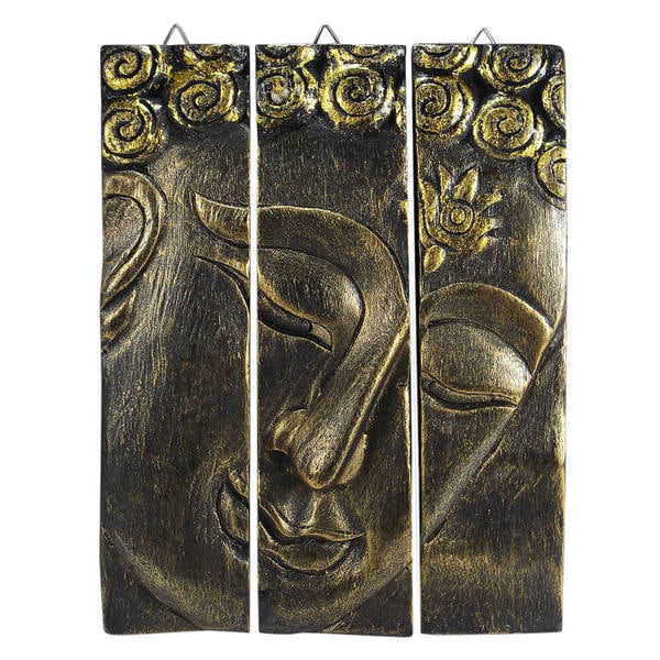 Golden Buddha Face Three Panel Hand-carved Handmade Wood Wall Art (Thailand)