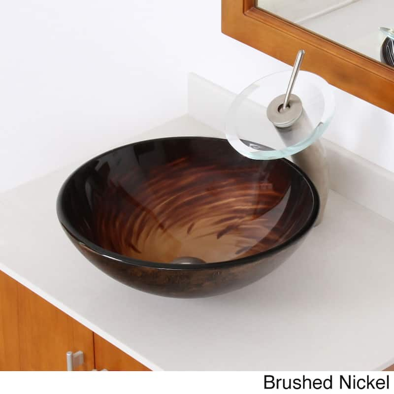 Elite Modern Design Brown Glass Bathroom Vessel Sink and Waterfall Faucet - Brushed Nickel