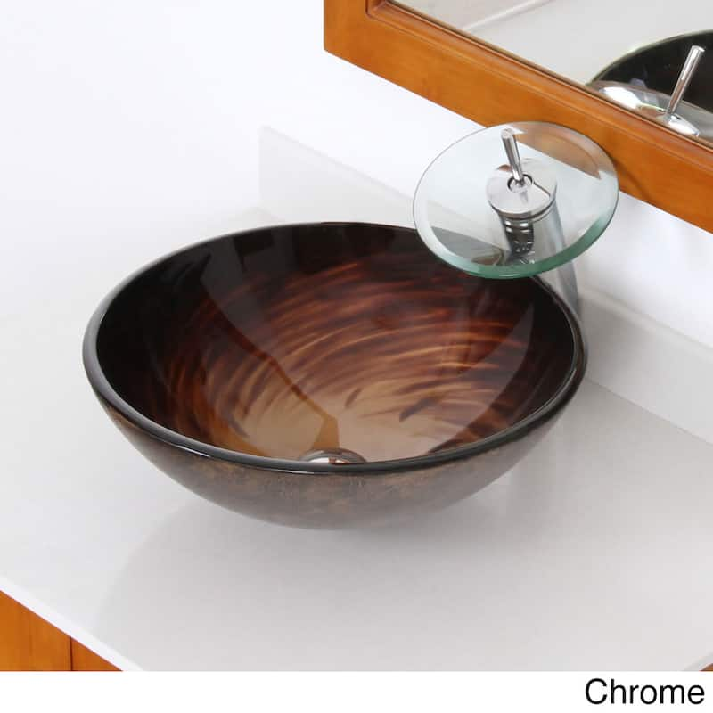 Elite Modern Design Brown Glass Bathroom Vessel Sink and Waterfall Faucet - Chrome