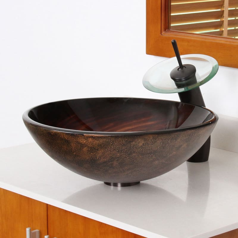 Elite Modern Design Brown Glass Bathroom Vessel Sink and Waterfall Faucet