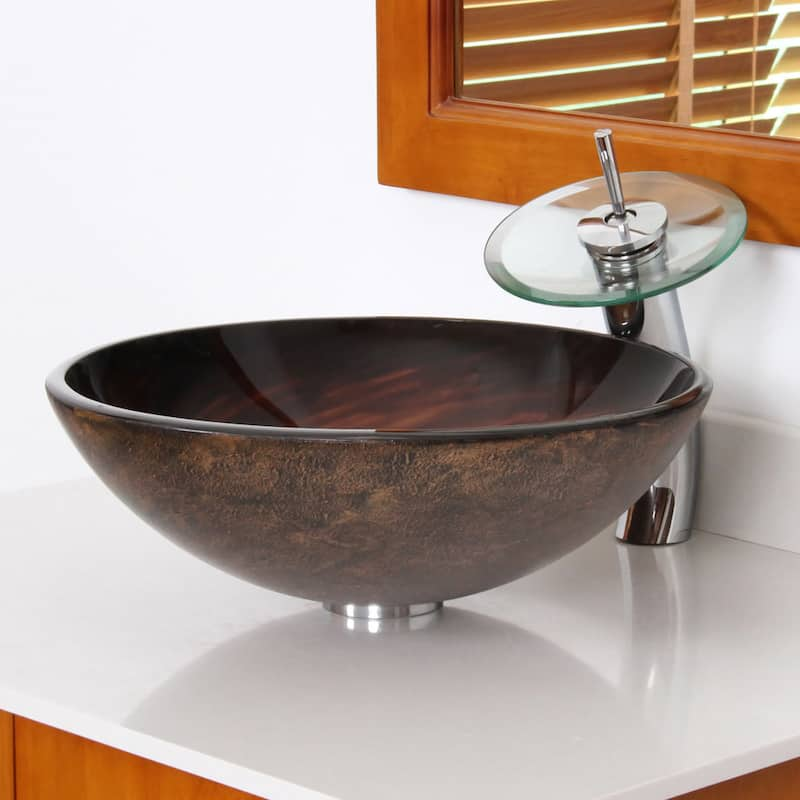 Elite Modern Design Brown Glass Bathroom Vessel Sink and Waterfall Faucet