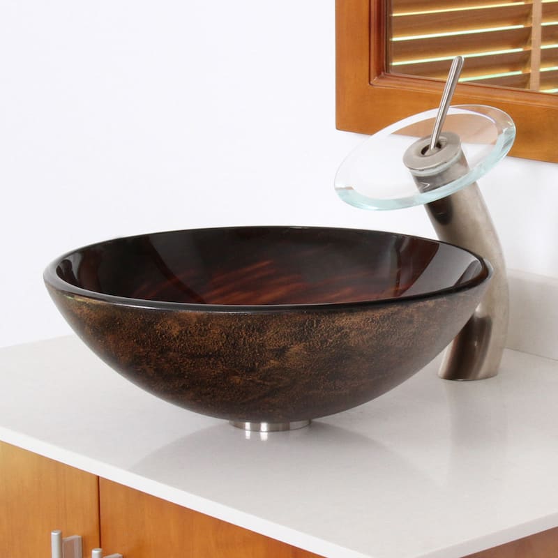 Elite Modern Design Brown Glass Bathroom Vessel Sink and Waterfall Faucet