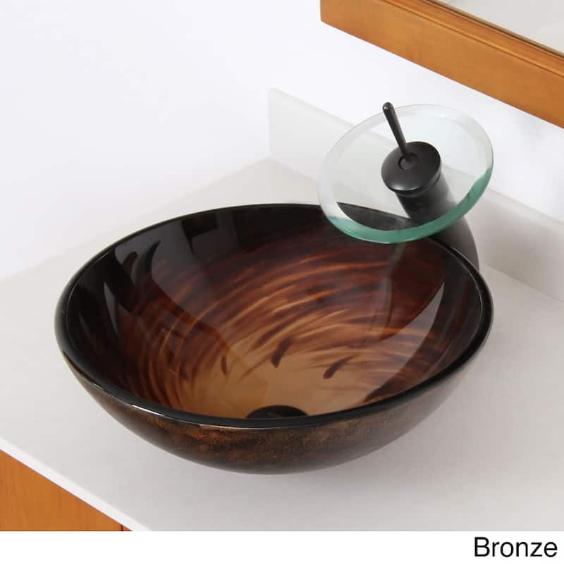 Elite Modern Design Brown Glass Bathroom Vessel Sink and Waterfall Faucet - Oil Rubbed Bronze Finish