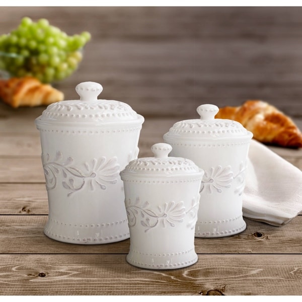 American Atelier Bianca Leaf White 3-Piece Ceramic Canister Set