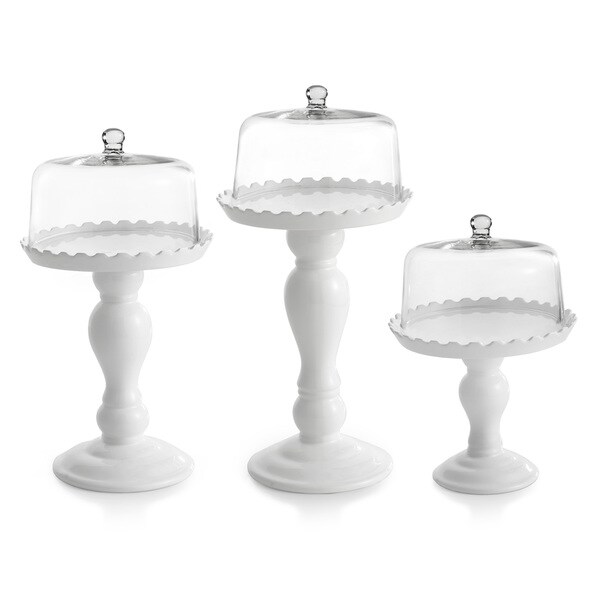 Earthenware Scalloped Cake Pedestals with Glass Dome Covers (Set of 3