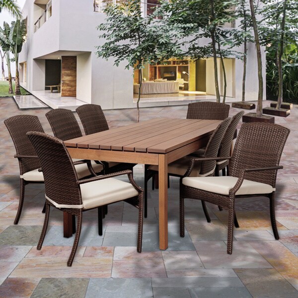 Amazonia Granada 9-pc Dining Rectangular Wood & Wicker Set