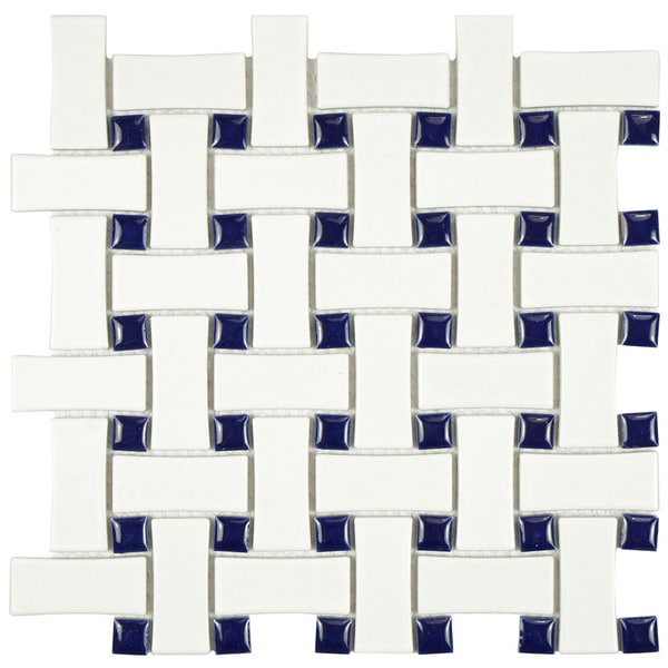 SomerTile 10.5x10.5 inch Victorian Basket Weave White/Cobalt Porcelain Mosaic Tile (Pack of 10) Somertile Floor Tiles