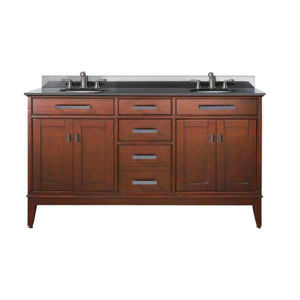 slide 1 of 12, Avanity Madison 60-inch Double Vanity in Tobacco Finish with Dual Sinks and Top Black Granite Top