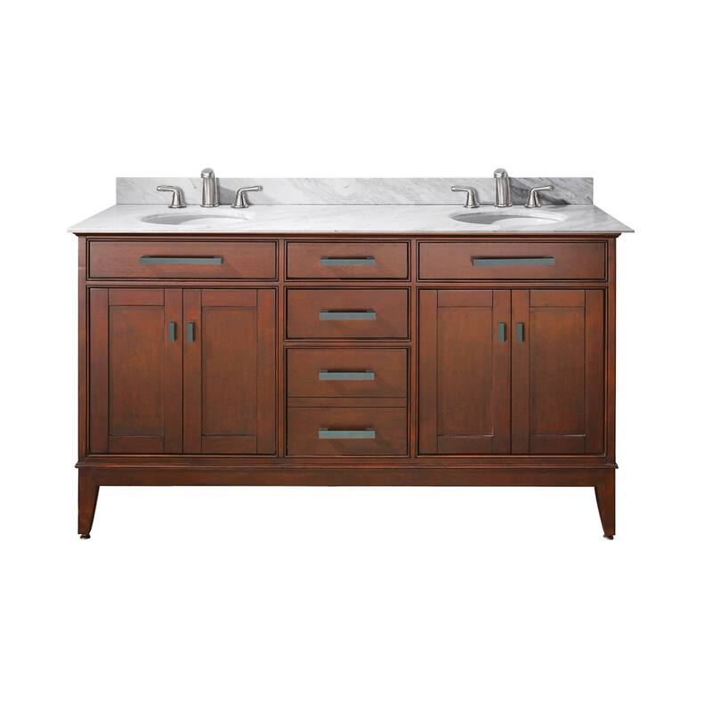 Avanity Madison 60-inch Double Vanity in Tobacco Finish with Dual Sinks and Top - Carrara White Marble Top
