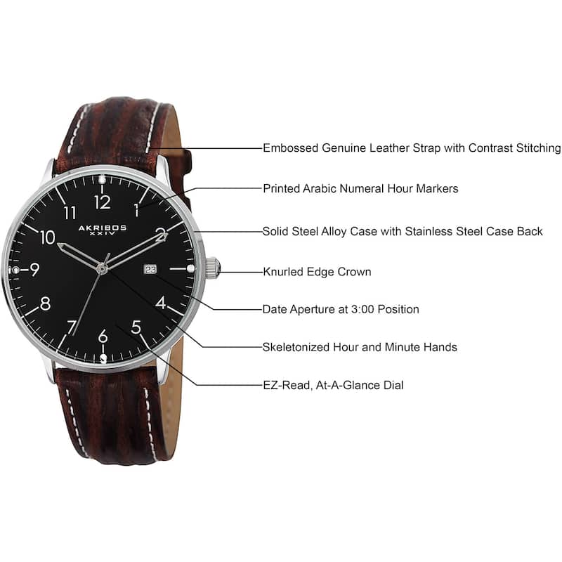 Akribos XXIV Men's Swiss Quartz Date Leather Silver-Tone Strap Watch