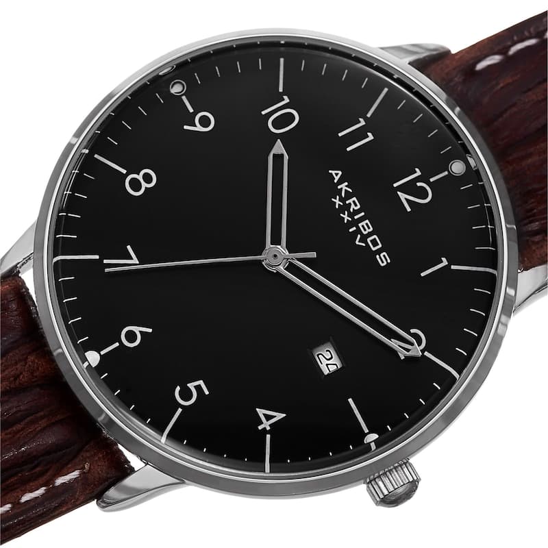 Akribos XXIV Men's Swiss Quartz Date Leather Silver-Tone Strap Watch
