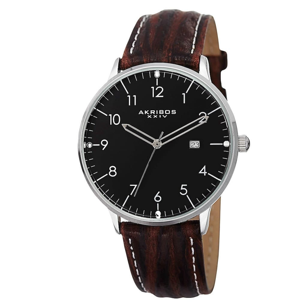 Akribos XXIV Men's Swiss Quartz Date Leather Silver-Tone Strap Watch