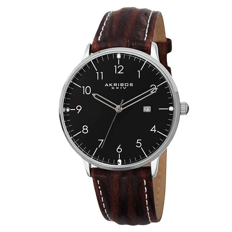 Akribos XXIV Men's Swiss Quartz Date Leather Silver-Tone Strap Watch