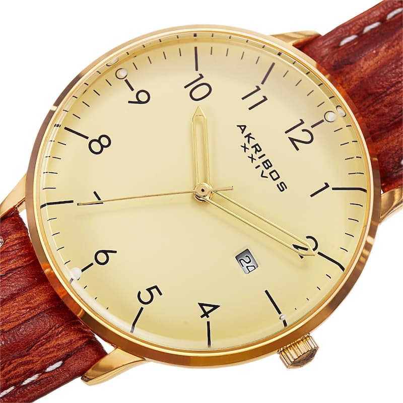 Akribos XXIV Men's Swiss Quartz Date Leather Gold-Tone Strap Watch